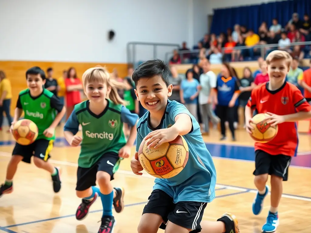 A vibrant image of young children participating in a handball training session indoors, showcasing their enthusiasm and engagement in the sport.