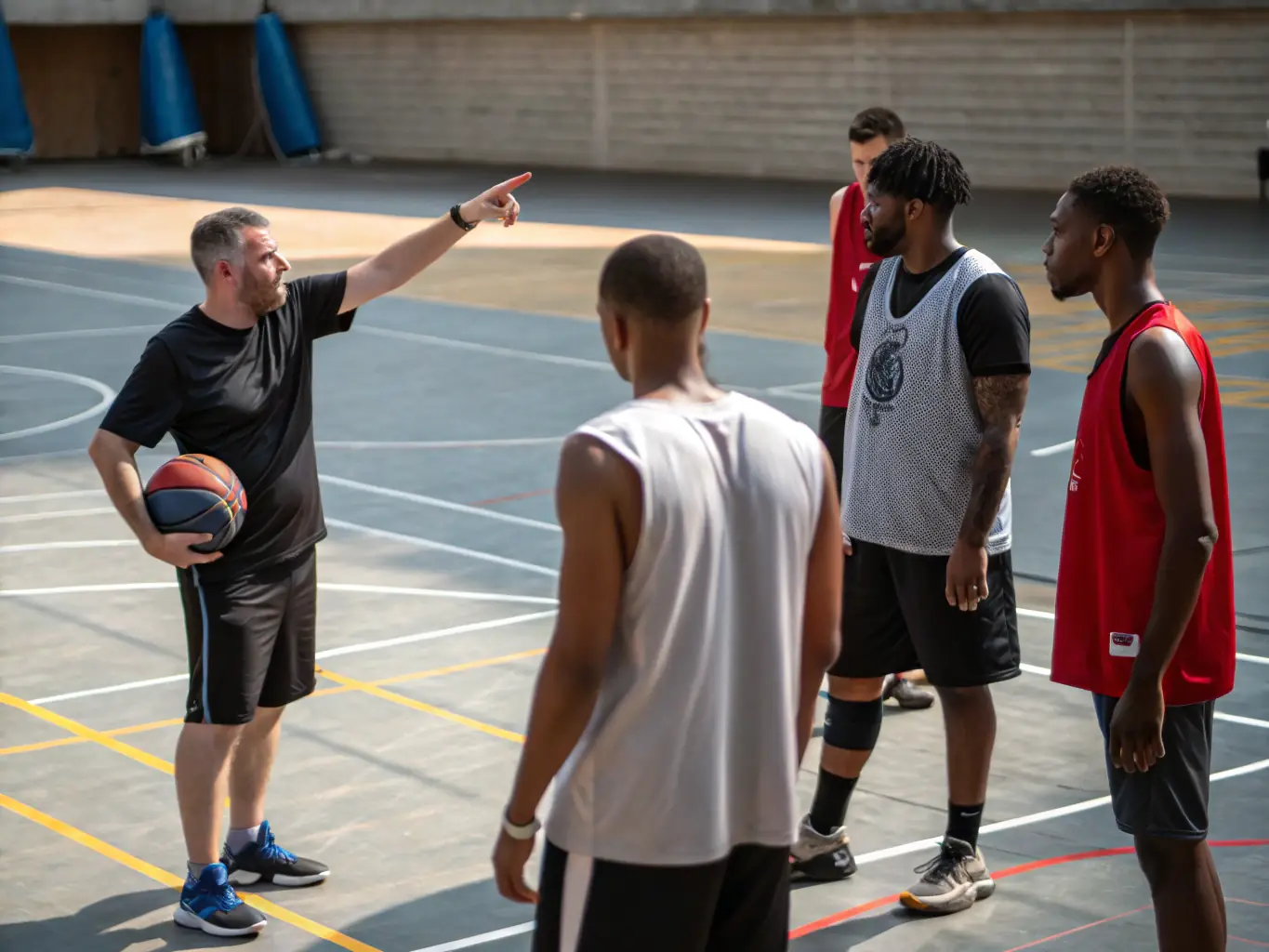 A photograph of a coach guiding players during a training session, emphasizing the importance of mentorship and skill development.
