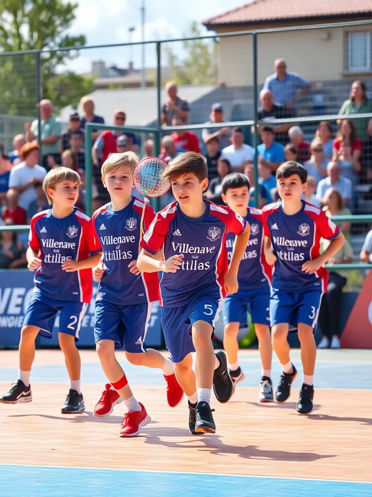 A dynamic action shot of young handball players during a training session, showcasing their agility and teamwork, set against the backdrop of the Château-Gontier sports hall.