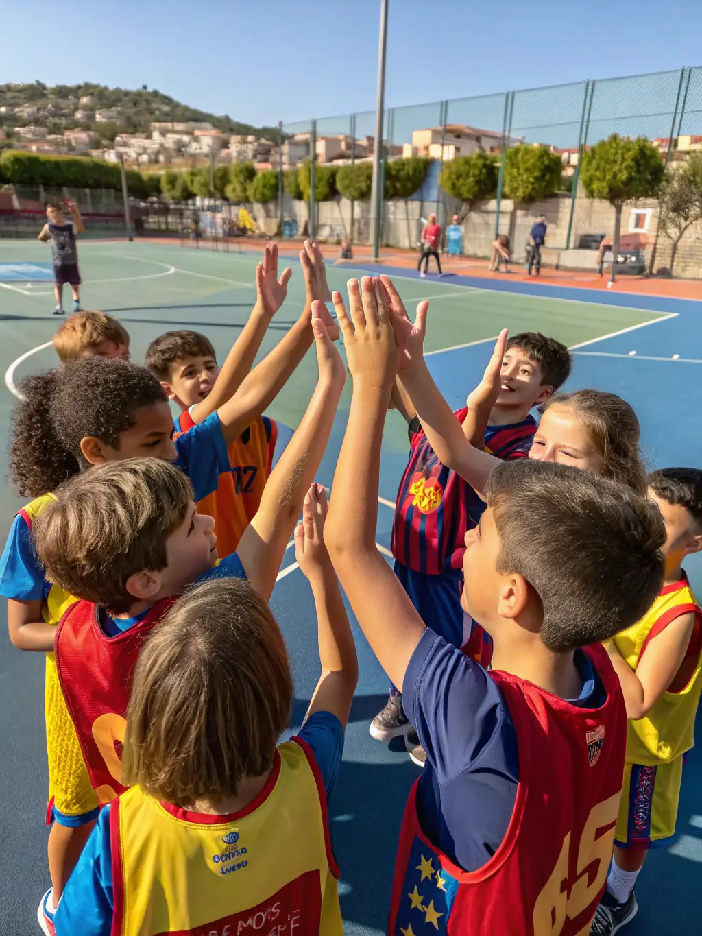 A group photo of participants at a handball summer camp, smiling and holding their handball equipment, illustrating the community aspect of the program.