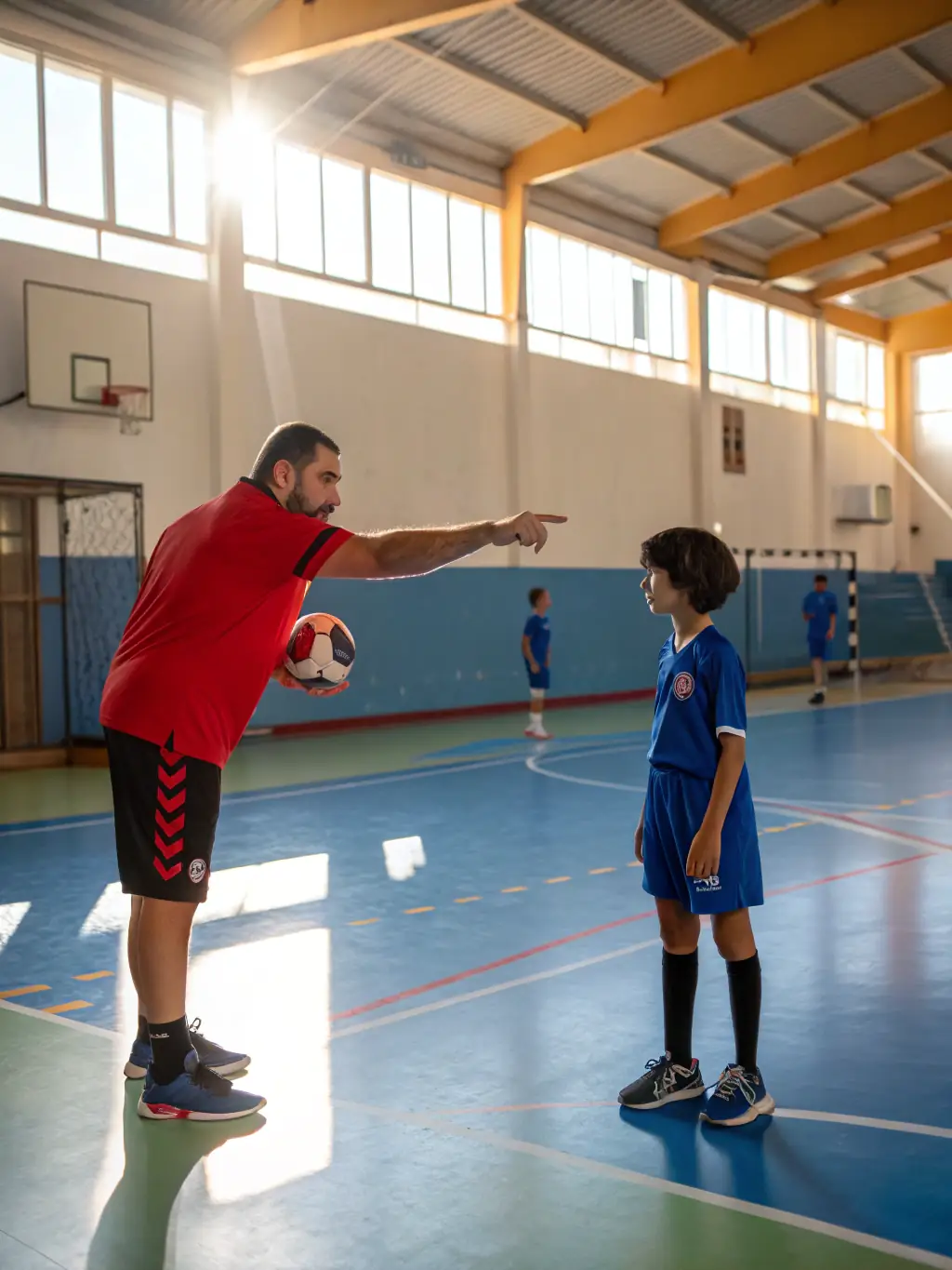 An image of a handball coach demonstrating a specific technique to a player, highlighting the personalized instruction provided by USMH.