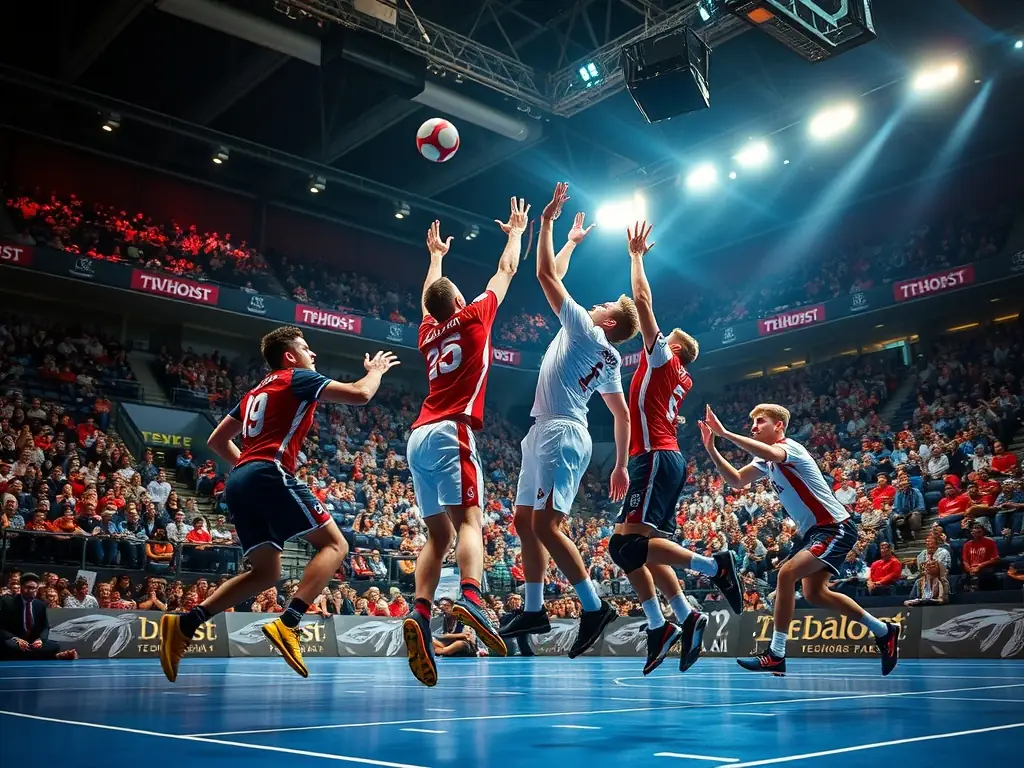 An action shot of adult handball players competing in a match, demonstrating the intensity and skill involved in the sport.